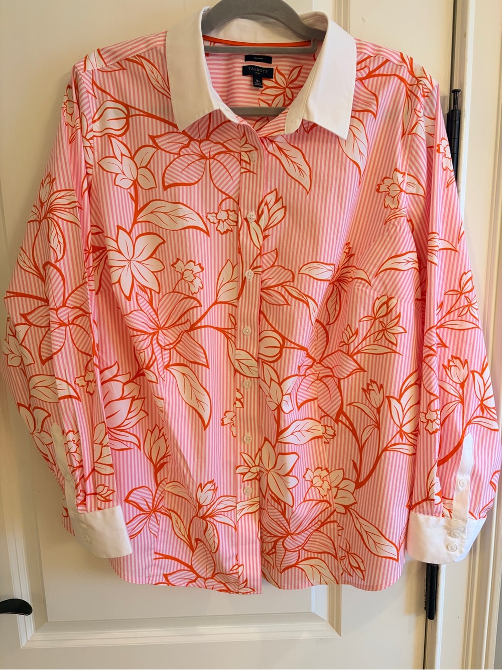Talbots Plus 18W Floral Stripe Button Down Blouse Pink Orange 97% Cotton